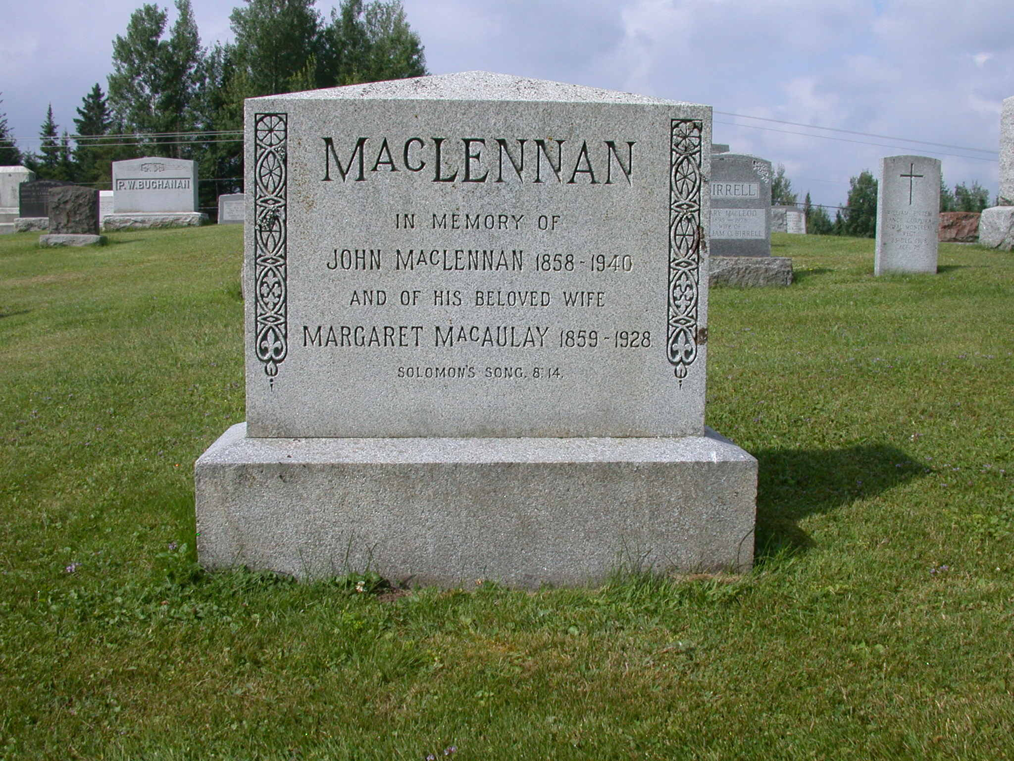 Photo of headstones/John MacLennan & Margaret MacAulay MI Lingwick Protestant Cemetery, Gould, Quebec
